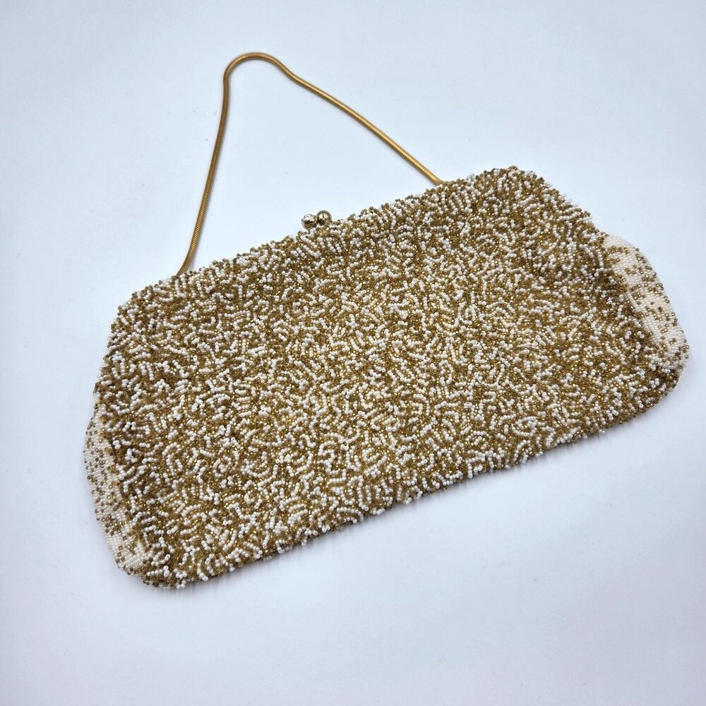 Vintage Clutch Gold White Beaded Kiss Lock Handbag with Original Mirror Japan